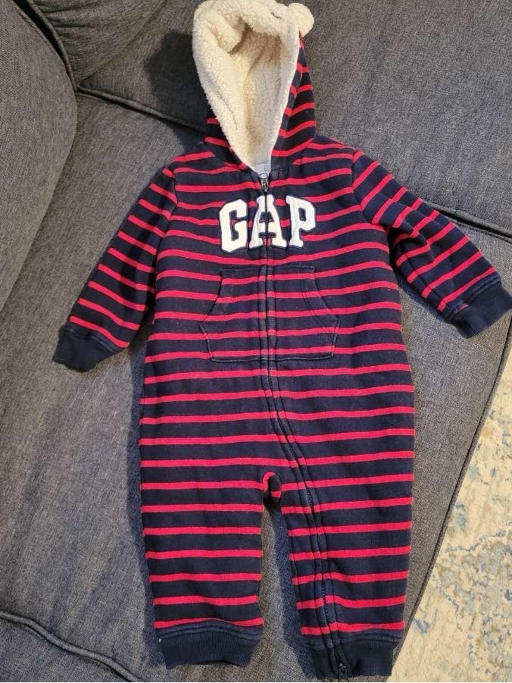 GAP Navy and Red Striped Sherpa-Lined Hooded One-Piece